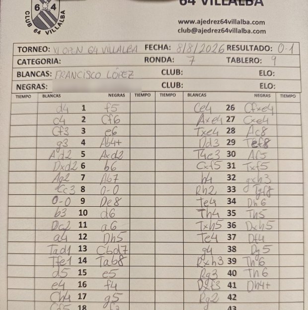 Handwritten chess scoresheet from a tournament, notation in pencil